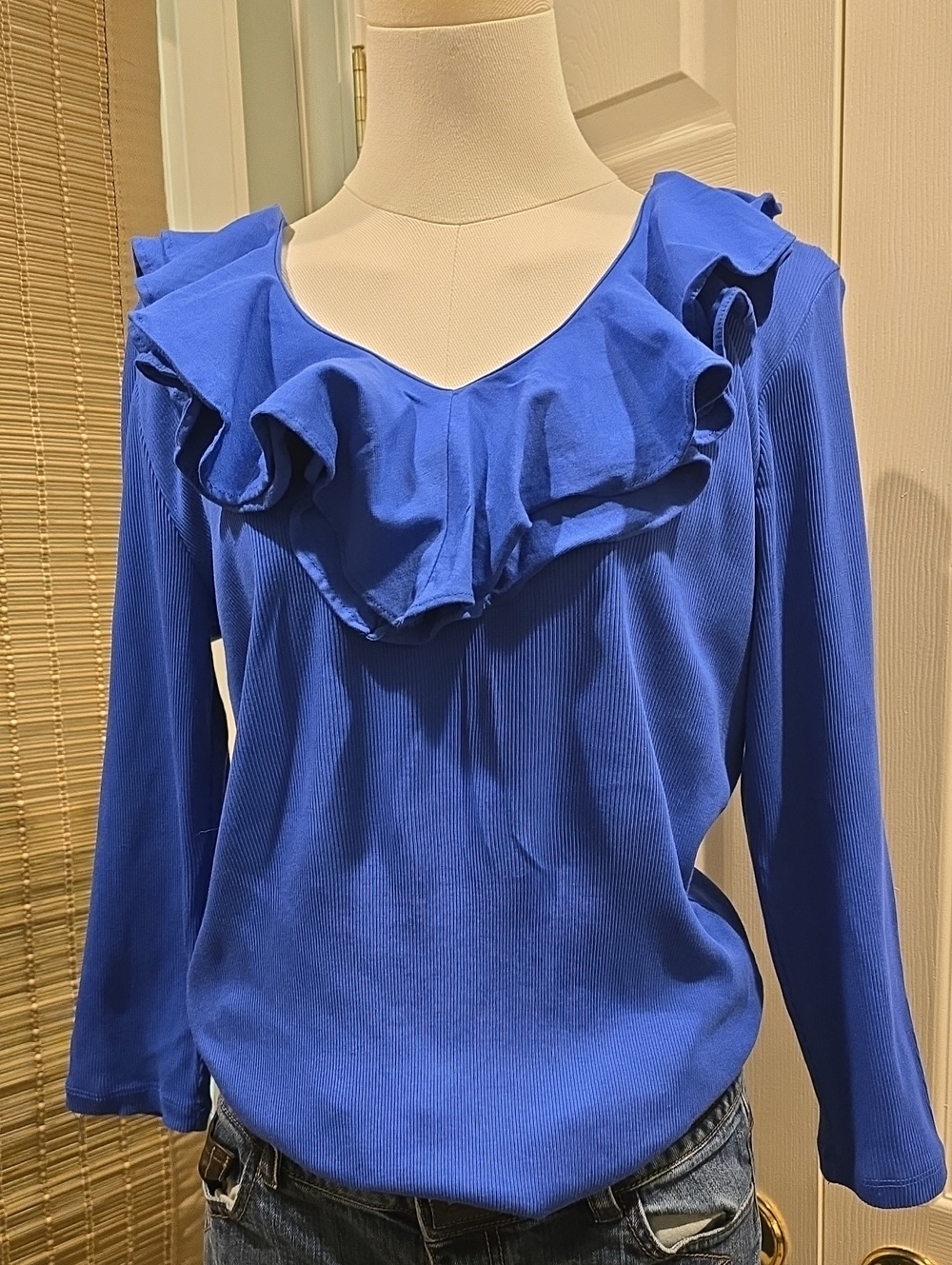 Ralph Lauren Royal Blue Ruffle V-Neck Long Sleeve Top